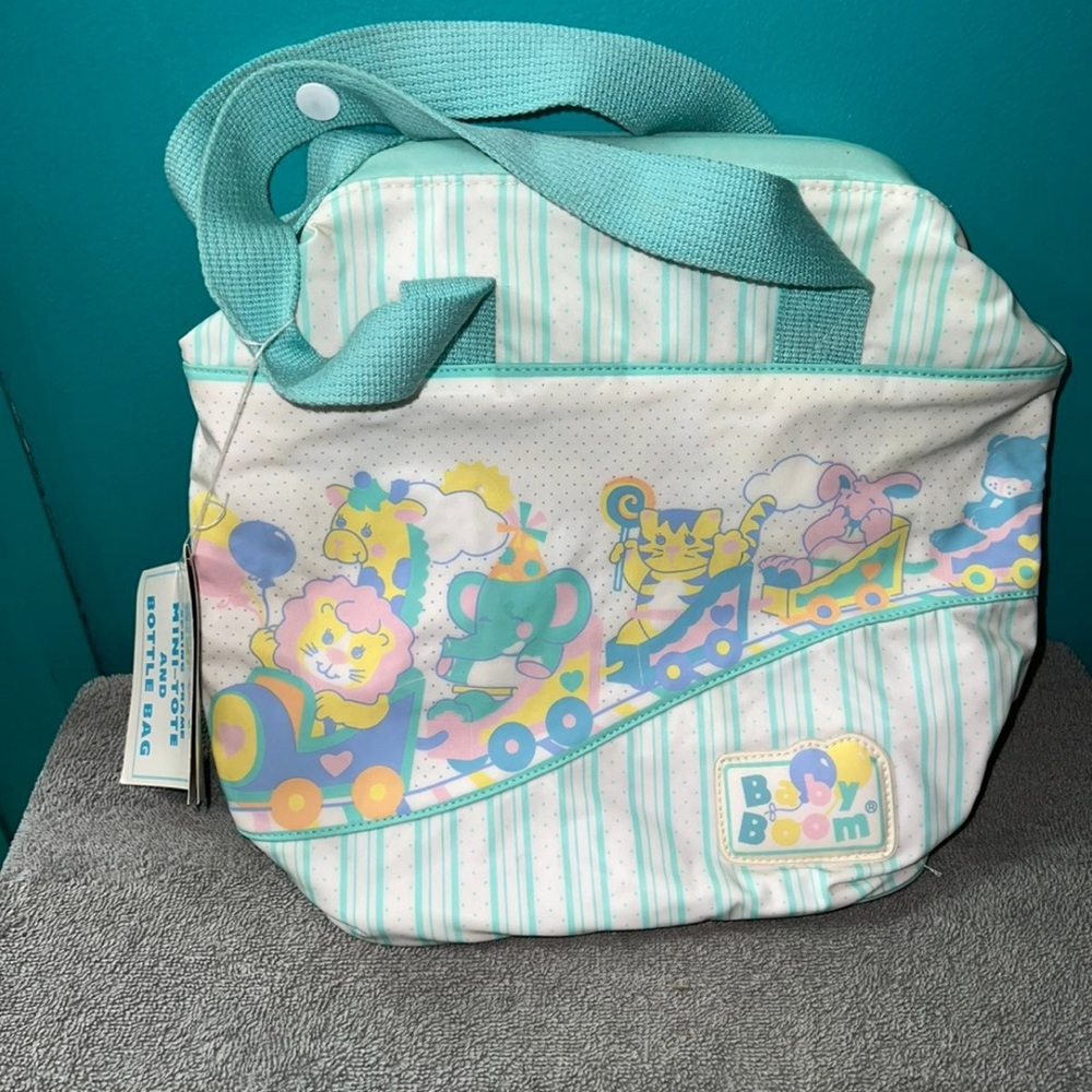Baby Boom Striped Diaper Bag Bottle Bag Train Zoo Animals Vintage Rare